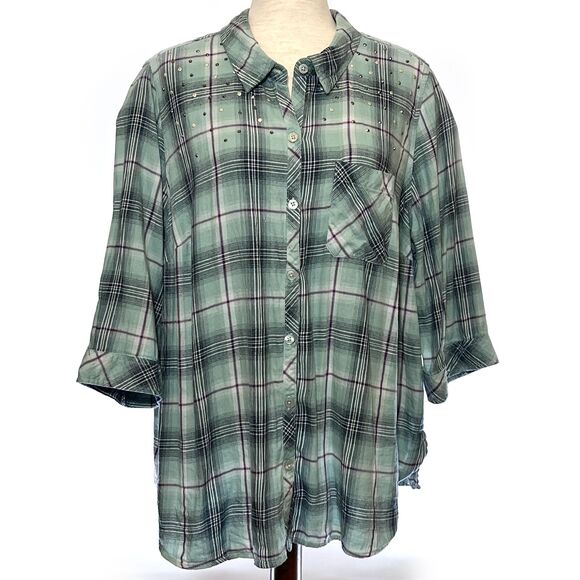 Catherines Tops - Catherines Plus Plaid Studded Shirt 1X